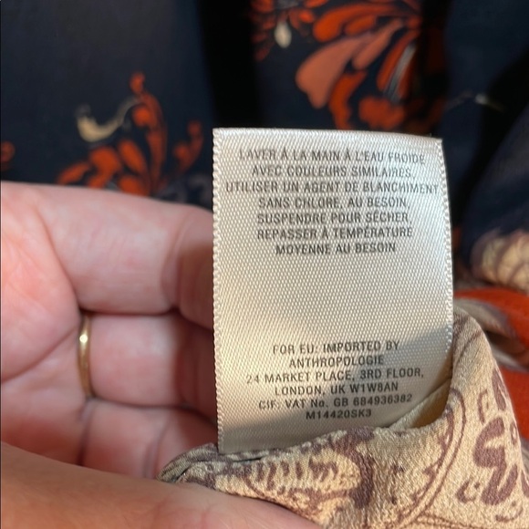 Anthropologie Meadow Rue Blue and Tan Boho Blouse Tie Front 3/4 Sleeve 100% silk - Picture 9 of 10